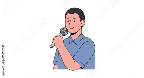 Vector illustration of a young man speaking into a microphone, representing a public speaker, singer, or presenter at an event