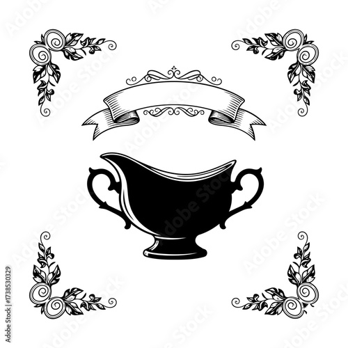 Vector art of elegant black gravy boat with ornate scrollwork and a blank banner