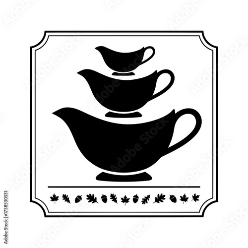 Vector art of three black gravy boats stacked on top of each other in a decorative frame