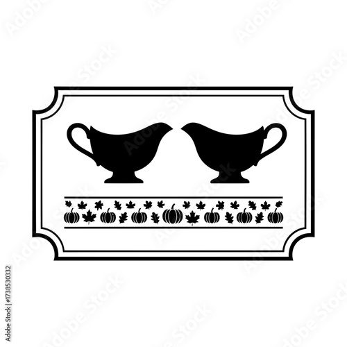 Vector art of two black gravy boats facing each other with a decorative border of pumpkins and leaves
