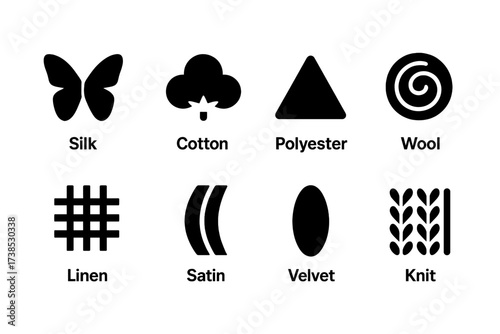 Tie Material Icons. Solid, filled icon set of tie materials: silk, cotton, polyester, wool, linen, satin, velvet, knit. [Solid, filled icons in only black