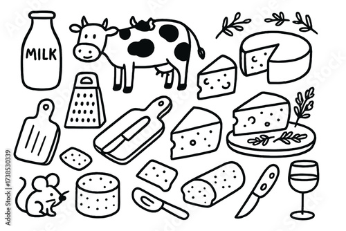 Cheese and Dairy Doodles. Hand-drawn doodle illustration Cheese and dairy essentials milk bottle, cow, cheese wheel, cheese wedge, cheese grater, cutting