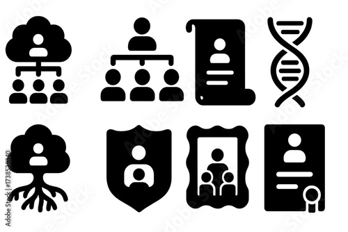 Ancestral Icon Set. Solid, filled icon set of bloodline symbols: family tree, genealogy chart, lineage scroll, DNA strand, ancestral roots, heritage crest,