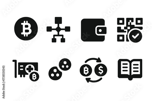 Digital Currency Icons. Solid, filled icon set of digital currency: cryptocurrency coin, blockchain, digital wallet, QR code payment, mining rig, token