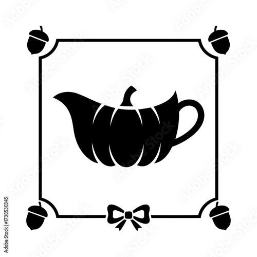 Vector art of black silhouette of a pumpkin shaped gravy boat with a stem and leaves, framed by acorns and a bow