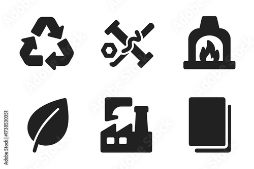Cobalt Recycling Icons. Solid, filled icon set of cobalt recycling: recycling arrows, scrap metal, recycling bin, furnace, remelt, metal sheet, eco leaf,