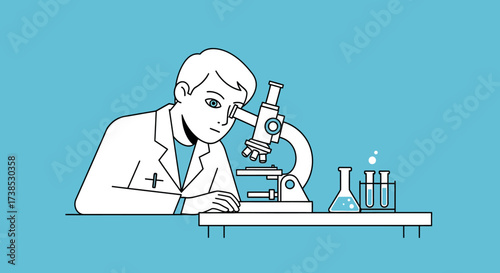 Vector illustration of a young scientist in a lab coat conducting research with a microscope and chemical flasks in a laboratory setting