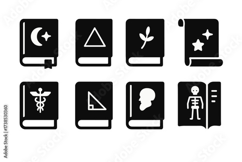 Ancient Science Icon Grid. Solid, filled icon set of ancient science books: astrology book, alchemy journal, herbology tome, astronomy scroll, ancient medicine