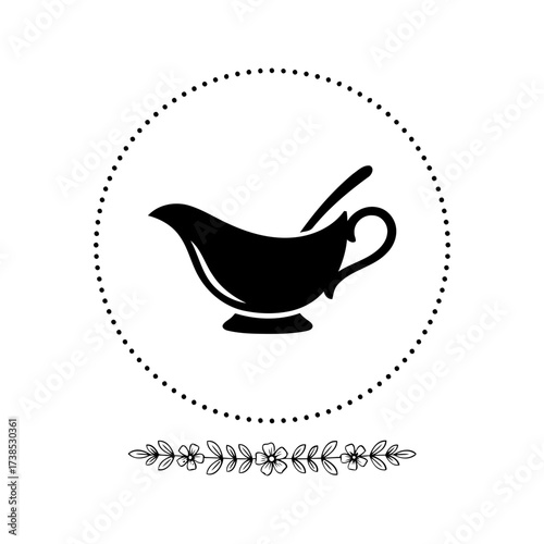 Vector art of black silhouette of a gravy boat with a spoon, enclosed in a dotted circle