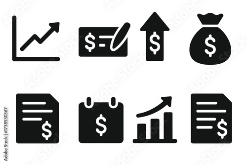 Mutual Fund Icons. Solid, filled icon set of mutual fund returns: profit graph, dividend check, growth arrow, money bag, financial report, payout schedule,