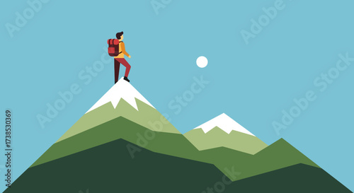 A lone hiker stands triumphantly atop a snow-capped mountain peak, gazing at the clear blue sky and a distant sun