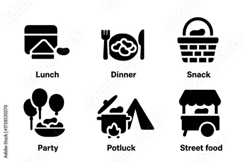 Spicy Bean Meal Icons. Solid, filled icon set of spicy bean meal types: lunch, dinner, snack, picnic, party, potluck, camping, street food. [Line icons in only