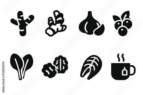 Anti-Inflammatory Food Icons. Solid, filled icon set of anti-inflammatory foods: turmeric root, ginger, garlic, blueberries, spinach, walnuts, salmon, green