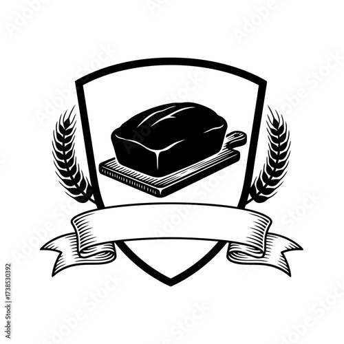 Vector art of black and white illustration of a loaf of bread on a cutting board, framed by a shield and wheat stalks with a banner below
