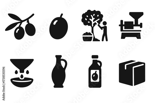 Olive Oil Iconography. Solid, filled icon set of olive oil extraction: olive branch, olive fruit, harvesting, pressing, filtering, bottling,