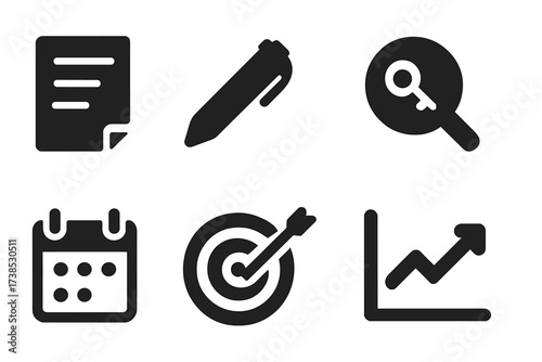 SEO Icon Set. Solid, filled icon set of SEO content strategy: document, pen, lightbulb, keyword, search, calendar, target, graph. [Line icons in only black