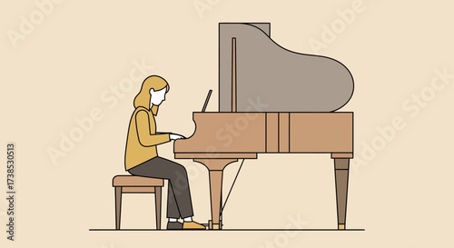 A person playing a grand piano in a minimalist illustration style, showcasing musical talent and artistic expression