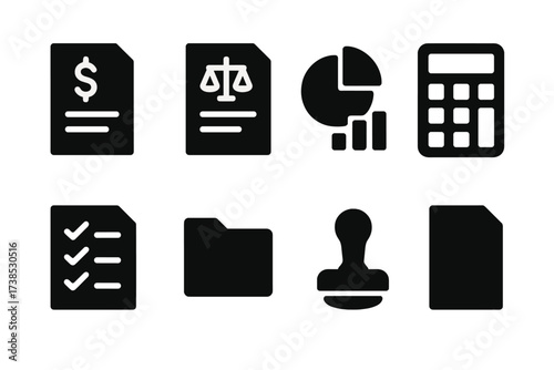 Financial Icons Grid. Solid, filled icon set of net worth report: financial statement, balance sheet, pie chart, bar graph, calculator, checklist, document