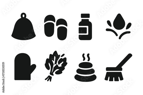 Banya Accessory Icons. Solid, filled icon set of banya accessories: felt hat, sauna slippers, essential oil bottle, water splash, sauna mitt, birch twigs, hot