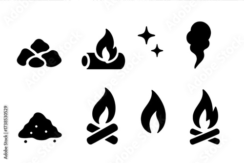Embers Icon Set. Solid, filled icon set of embers: glowing coal, burning log, sparks, smoke plume, ash pile, fire pit, flame flicker, campfire. [Line icons in