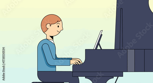 Young musician practices grand piano. Flat illustration depicting focus, musical learning, and artistic expression. Ideal for themes of talent, education, and hobbies