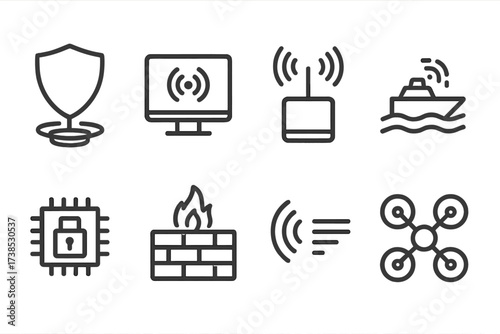 Electronic Defense Icons. Outline icon set of electronic warfare defense mechanisms: shield generator, anti-spoofing device, signal jammer, decoy system,