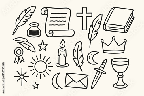 Medieval Icon Doodle. Hand-drawn doodle illustration Medieval manuscript writing quill, ink pot, parchment scroll, cross, book, candle, feather, seal, crown,