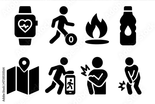 Running Health Icons. Solid, filled icon set of running health and tracking: heart rate monitor, pedometer, calorie burn, hydration level, GPS map, running