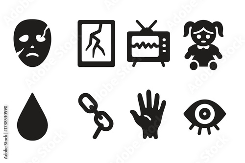 Terror Icon Set. Solid, filled icon set of terror props: broken mask, cracked mirror, flickering TV, creepy doll, blood drip, rusty chain, creepy hand, horror