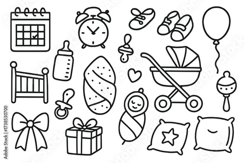 Baby Arrival Doodles. Hand-drawn doodle illustration Baby arrival calendar, clock, crib, stroller, baby shoes, bottle, pacifier, blanket, bow, gift box, heart,