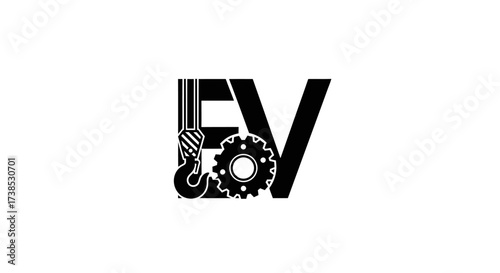 Abstract logo with crane hook and gear incorporated into the letter EV combination