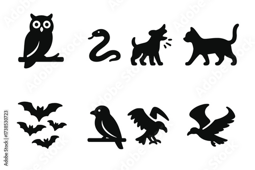 Animal Omen Icons. Solid, filled icon set of animal omens: owl on branch, snake in path, barking dog, cat crossing, bat swarm, silent bird, circling vulture,