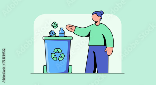 Eco-friendly recycling concept illustration showcasing a person responsibly disposing of a plastic bottle into a dedicated bin, emphasizing environmental sustainability and waste reduction efforts