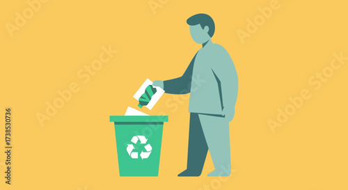 Minimalist illustration of a person placing waste into a green recycling bin, advocating for environmental responsibility, waste reduction, and sustainable practices