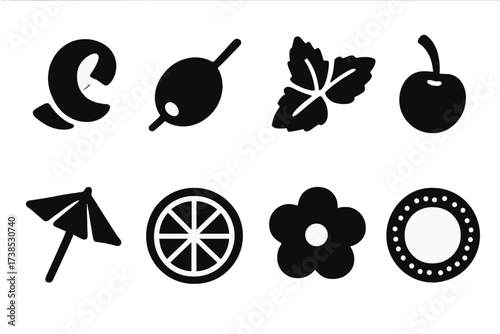 Cocktail Garnish Icons. Solid, filled icon set of shaker cocktail garnishes: lemon twist, olive, mint sprig, cherry, cocktail umbrella, orange slice, edible