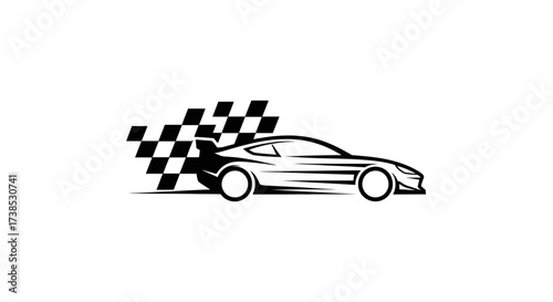 Sleek Racing Car Silhouette with Checkered Flag for High-Speed Competition Branding