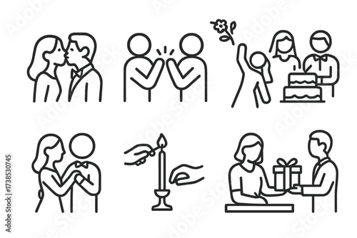 Ceremony Moment Icons. Outline icon set of ceremony moments: kiss, applause, bouquet toss, cutting cake, first dance, lighting candles, signing register,