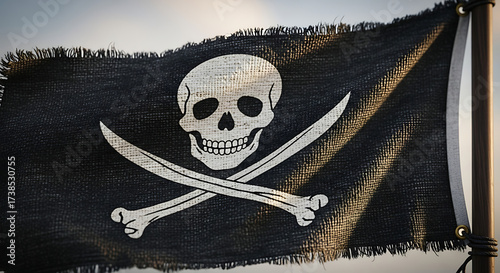 Pirate flag with skull and crossbones against a sunny sky, perfect for adventure, rebellion, and historical themes