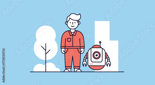 Man and Robot Standing Together in a Modern Minimalist Illustration