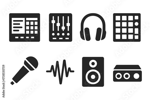 Hip Hop Production Icons. Solid, filled icon set of hip hop production: DAW, mixer, headphones, sampler, microphone, sound wave, speaker, audio interface.