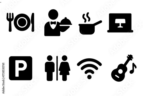 Restaurant Service Icons. Solid, filled icon set of menu restaurant facilities: table setting, waiter, kitchen, reservation, parking, restroom, wifi, live