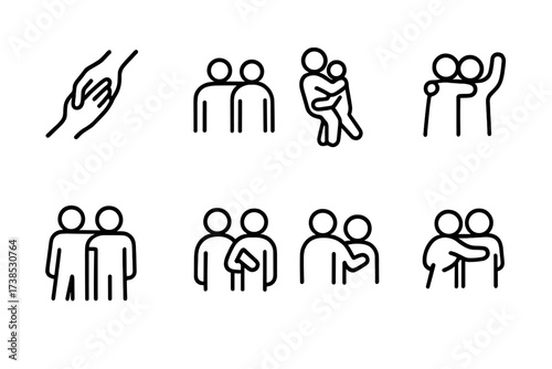 Hug and Support Icons. Outline icon set of hug and support: helping hand, shoulder support, emotional lift, cheering hug, teamwork embrace, caring gesture,
