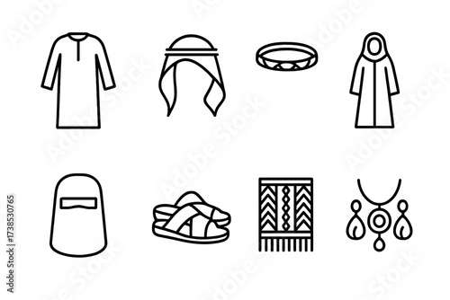 Kuwaiti Clothing Icons. Outline icon set of Kuwaiti traditional clothing: Dishdasha robe, Ghutra headscarf, Agal headband, Abaya dress, Burqa face veil,