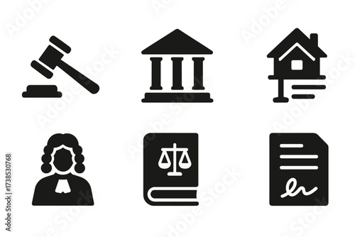 Foreclosure Legal Icons. Solid, filled icon set of foreclosure legal symbols: gavel, courthouse, legal scales, contract, judge, law book, legal document,