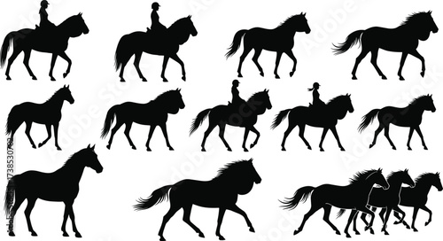 Horse silhouettes in motion with riders and galloping poses, showcasing equestrian action, dynamic movement, and animal biomechanics for vector design