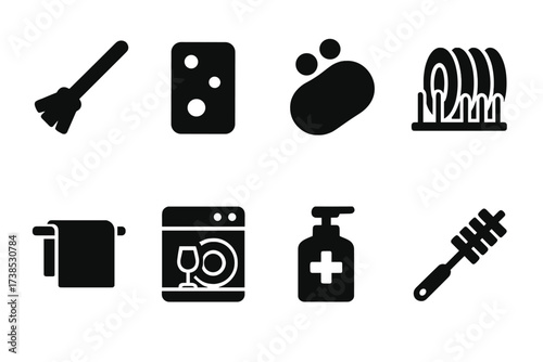 Cleaning Tools Icons. Solid, filled icon set of jigger cleaning tools: brush, sponge, soap, drying rack, towel, dishwasher, sanitizer, bottle brush. Solid,