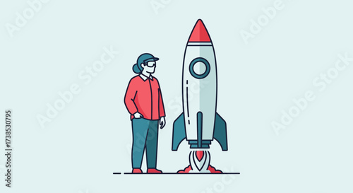 Ready for Launch A Minimalist Illustration of a Woman and a Rocket
