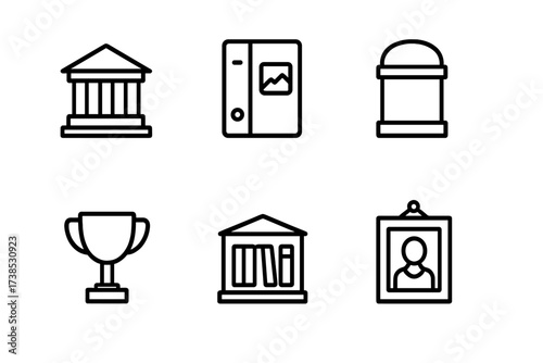 Legacy Preservation Icons. Outline icon set of legacy preservation: museum, archive, photo album, time capsule, trophy, library, heritage building, framed