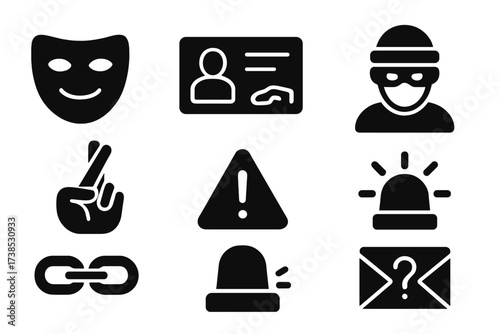 Deception Icon Set. Solid, filled icon set of deception: lying mask, fake ID, crossed fingers, scammer hand, broken chain, warning sign, alarm bell, suspicious