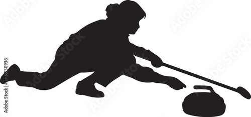 Curling player - woman. An isolated woman playing curling with stone and broom. Vector icon.
